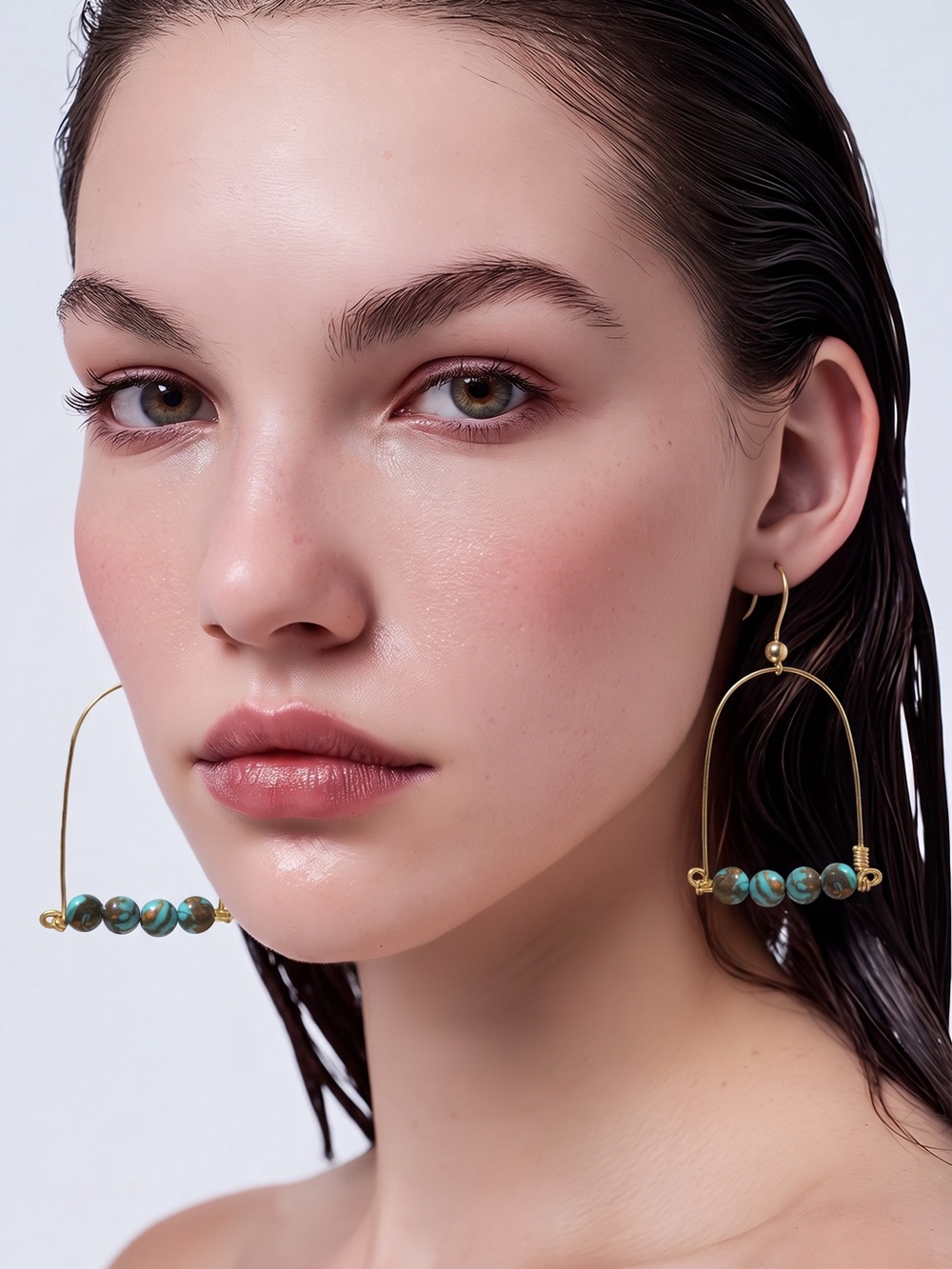 Gold Hoop Earrings with Turquoise Beads - Women Jewelry, Blue Moon Turquoise☑️